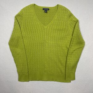 Lands' End Cable Knit Sweater Green V-neck 100% Supima Cotton Women's Size small